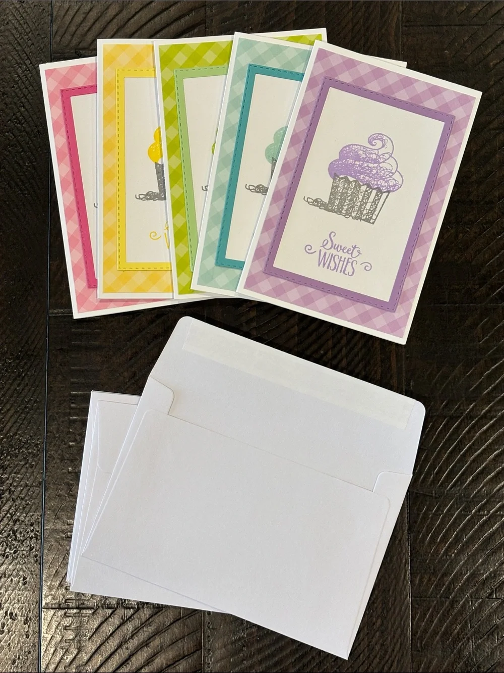 Set of 5 Pastel Rainbow Cupcake Gingham Cards
